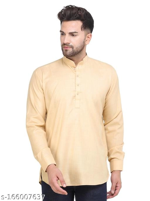 Cotton Blend Solid Short Kurta for Men (Beige, S)