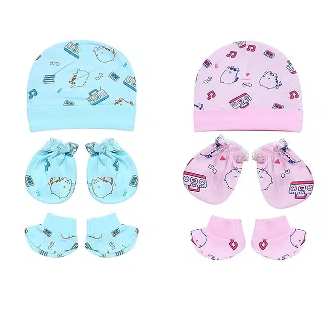 Cotton Printed Cap, Mittens and Booties for New Born Baby (Set of 4) (Multicolor, 0-6 Months)