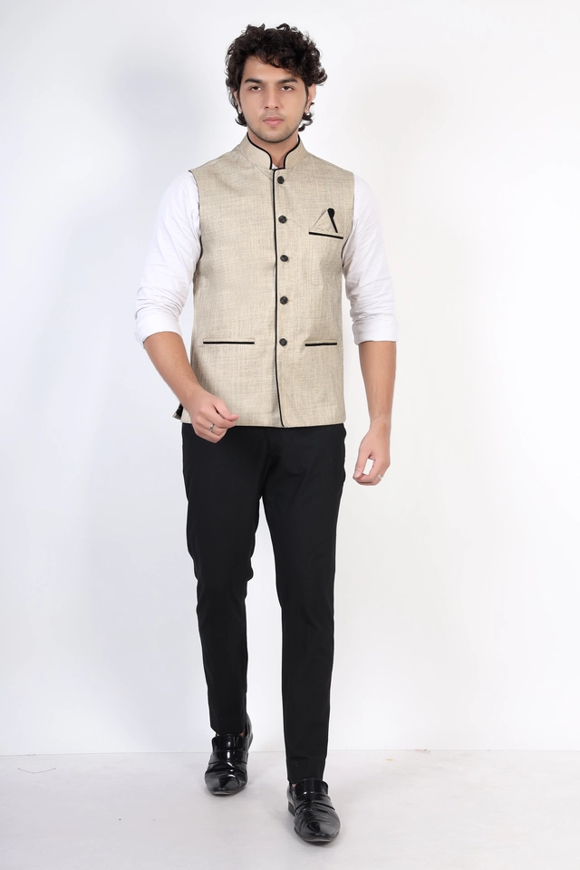 Jute Khadi Solid Waistcoat for Men (Gold, M)