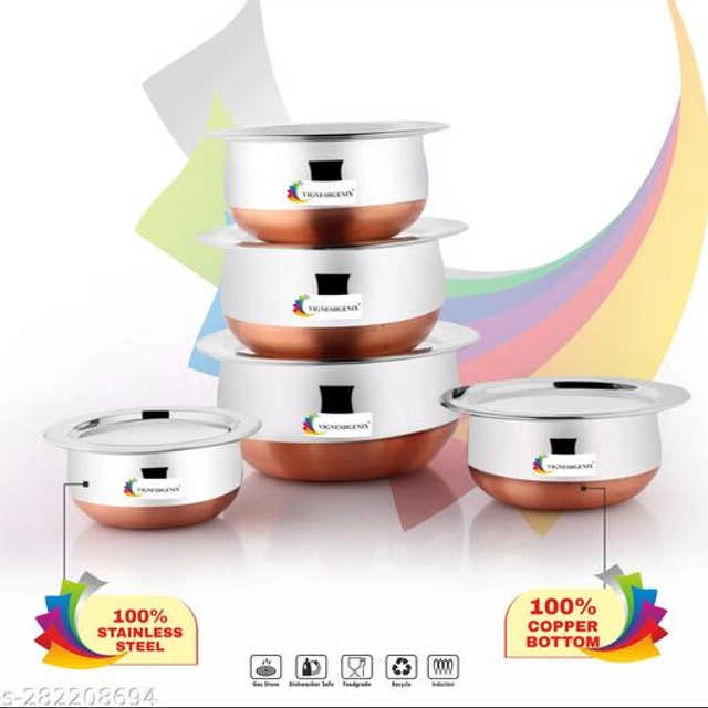 Stainless Steel Copper Bottom Handi Pot Set with Lid (Silver, Set of 5)