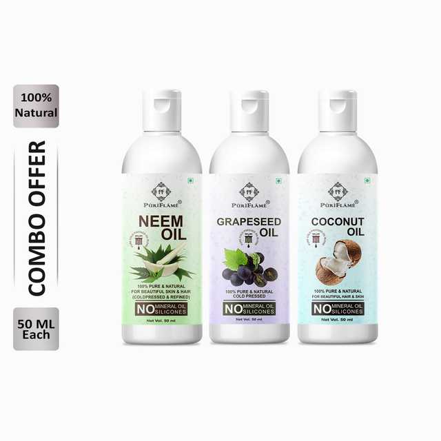 Puriflame Pure Neem Oil (50 ml), Grapeseed Oil (50 ml) & Coconut Oil (50 ml) Combo for Rapid Hair Growth (Pack Of 3) (B-12102)