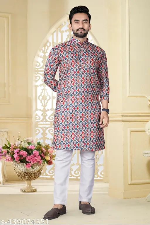 Cotton Ethnic Motif Kurta for Men (Multicolor, L)