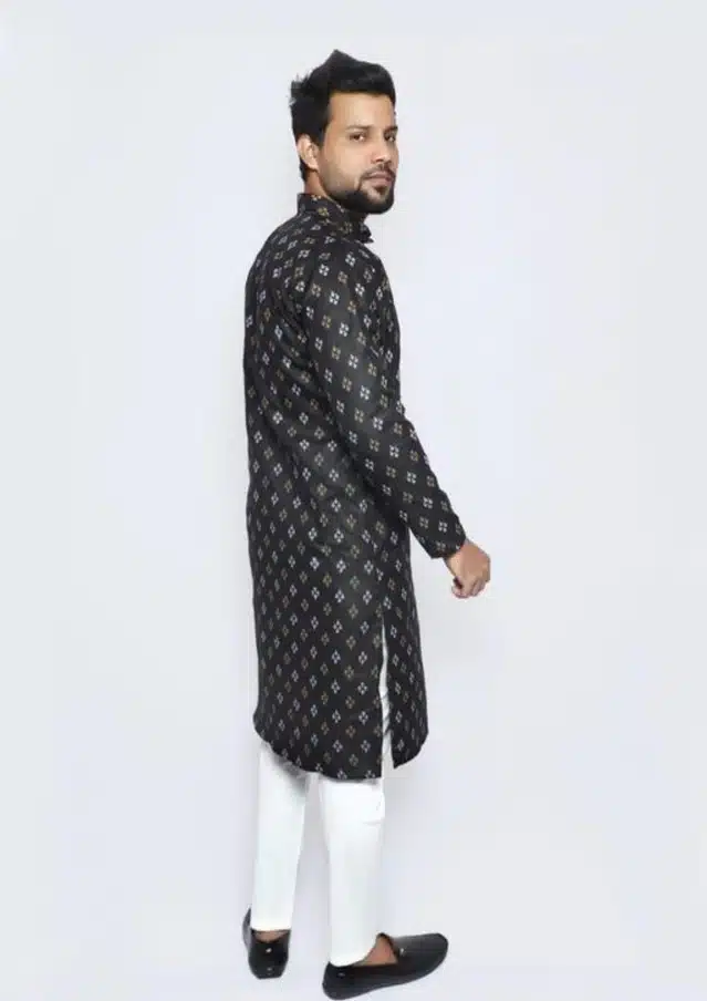 Cotton Printed Full Sleeves Kurta with Pyjama for Men (Black, M)