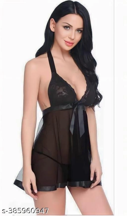 Net Solid Babydoll for Women (Black, XXS)