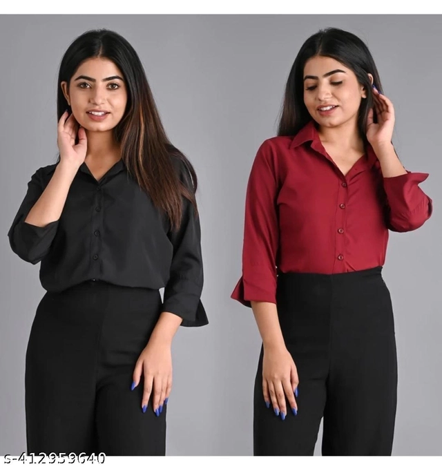 Three-Quarter Sleeves Solid Shirt for Women (Black & Maroon, S) (Pack of 2)