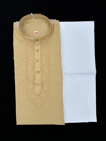 Cotton Embroidered Kurta with Pyjama for Men (Beige & White, M)