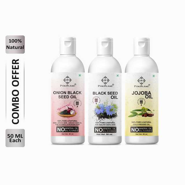 Puriflame Pure Onion Black Seed Oil (50 ml), Black Seed Oil (50 ml) & Jojoba Oil (50 ml) Combo for Rapid Hair Growth (Pack Of 3) (B-12649)