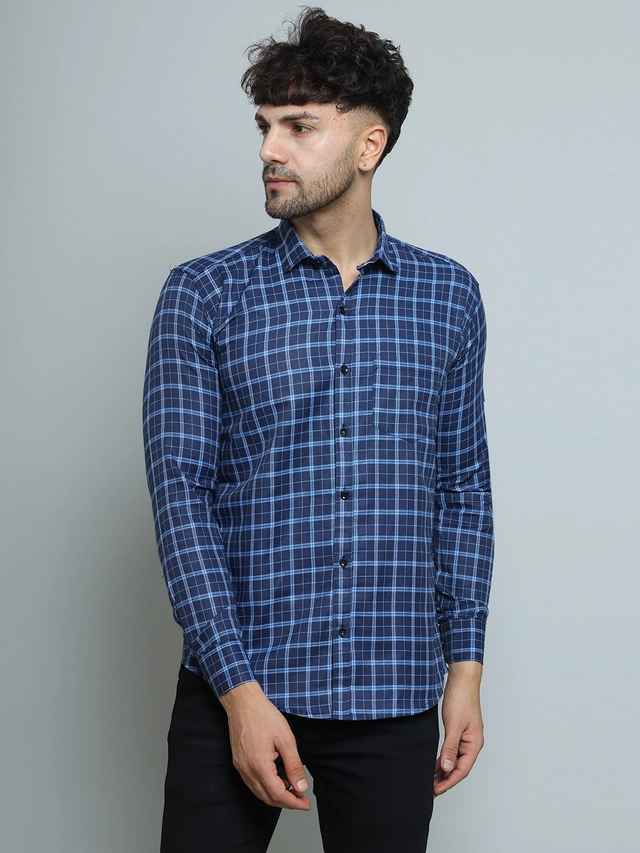 Full Sleeves Checked Shirt for Men (Blue, M)