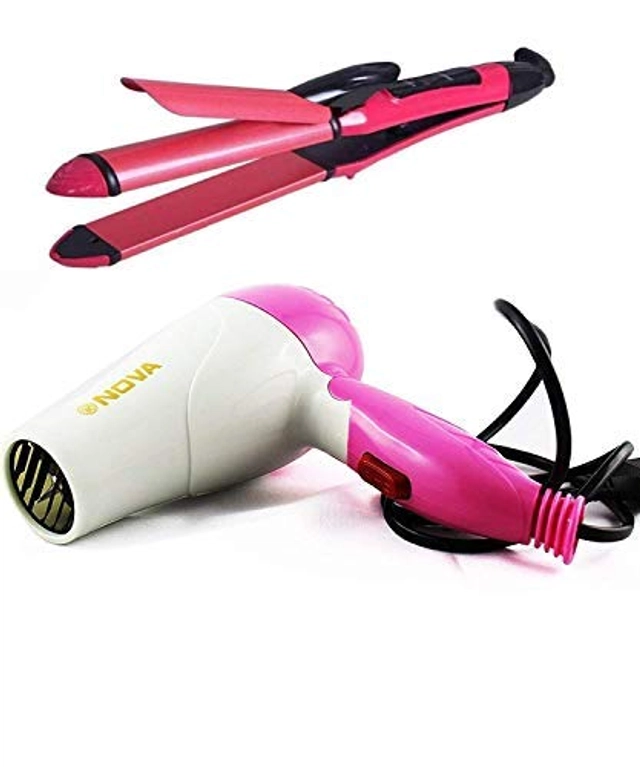 Combo of Professional 2 in 1 Hair Straightener Cum Curler with Foldable Hair Dryer (Multicolor, 1000 W) (Set of 2)