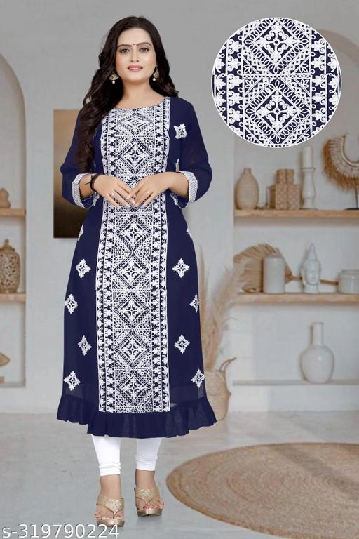 Georgette Embroidered Kurti for Women (Navy Blue, M)