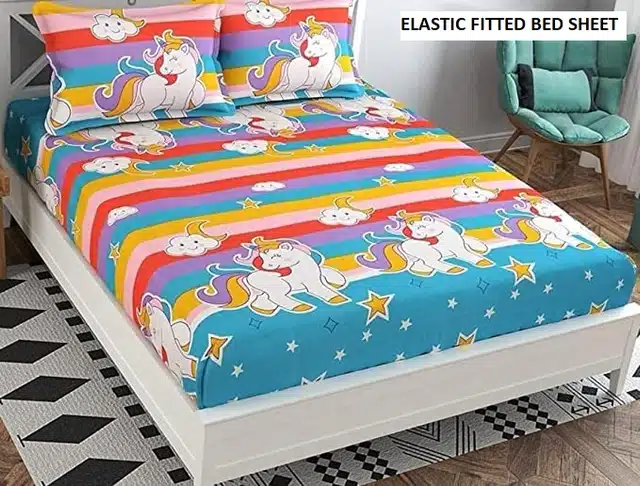 Fitted Elastic Double Bedsheet with 2 Pillow Covers (Multicolor, 182x198 cm)