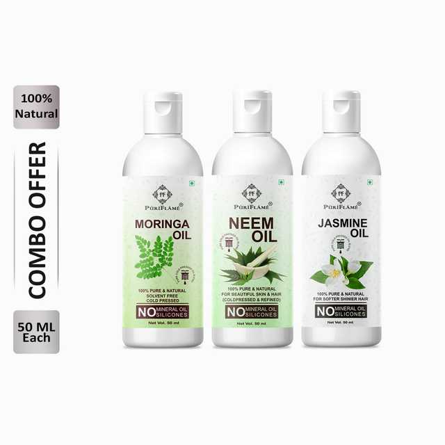 Puriflame Pure Moringa Oil (50 ml), Neem Oil (50 ml) & Jasmine Oil (50 ml) Combo for Rapid Hair Growth (Pack Of 3) (B-11850)