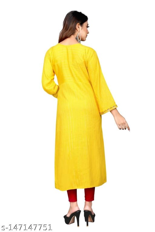 Rayon Slub Embroidered Kurti for Women (Yellow, M)