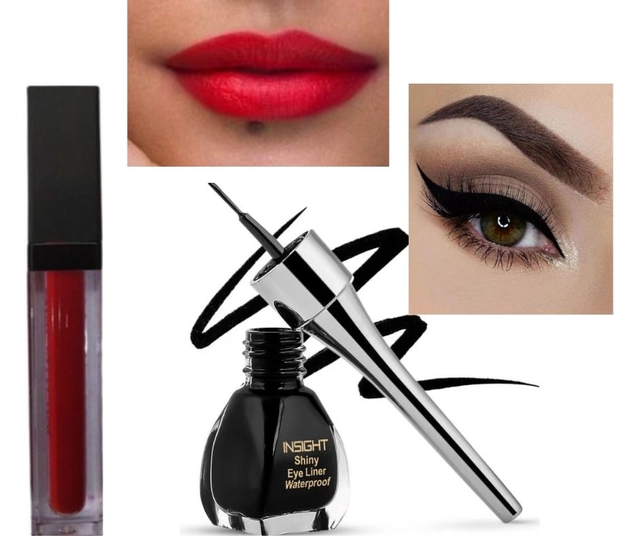 Ultra Matte Liquid Lip Color (Red) with Waterproof Smudge Free Eyeliner (Black) (Set of 2)