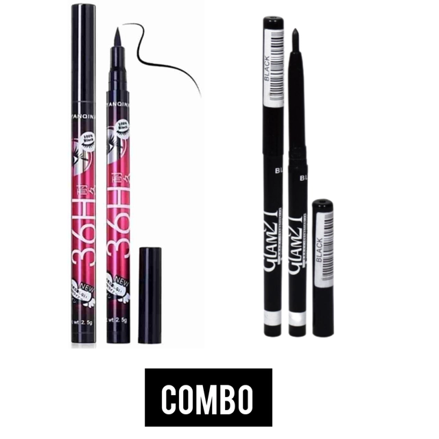 Combo of 2 Pcs 36H Waterproof Smudgeproof Long Lasting Sketch Eyeliner & 2 Pcs Glam 21 Kajal (Black, Set of 2)