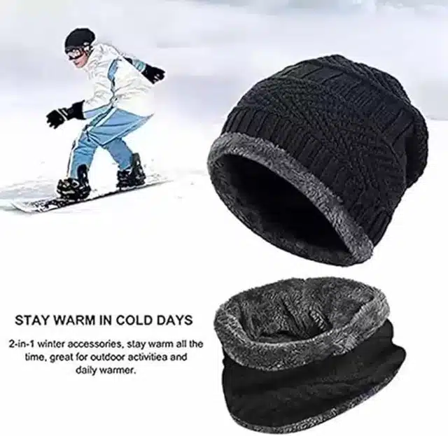 Woolen Solid Cap with Neck Warmer for Men (Black, Set of 1)