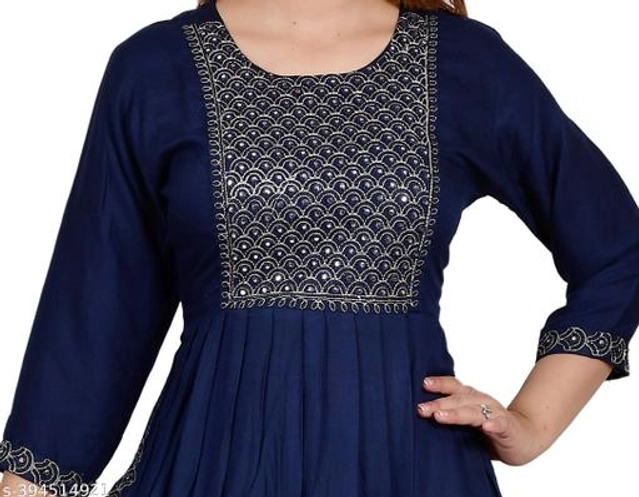 Rayon Embellished Kurti with Pant for Women (Blue, S)