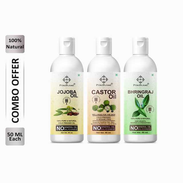 Puriflame Pure Jojoba Oil (50 ml), Castor Oil (50 ml) & Bhringraj Oil (50 ml) Combo for Rapid Hair Growth (Pack Of 3) (B-11436)