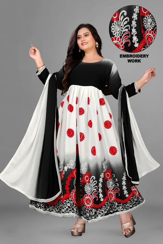 Jute Silk Printed Anarkali Kurti with Dupatta for Women (Black & White, S)