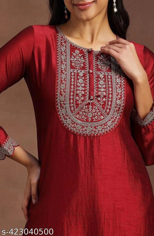 Cotton Blend Embroidered Kurti for Women (Dark Pink, XS)