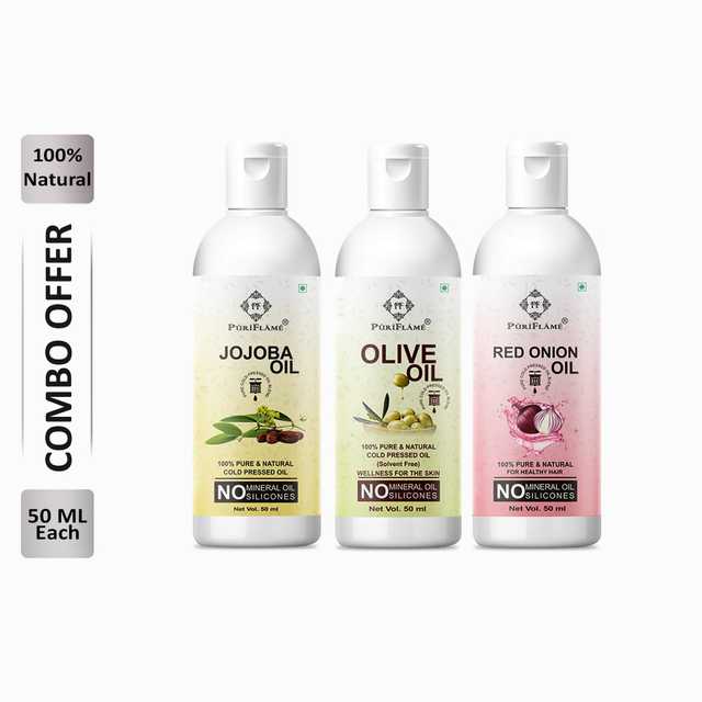 Puriflame Pure Jojoba Oil (50 ml), Olive Oil (50 ml) & Red Onion Oil ( 50 ml) Combo for Rapid Hair Growth (Pack Of 3) (B-11565)