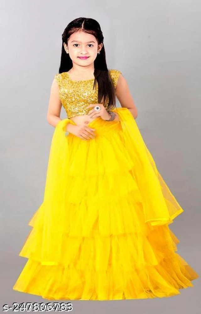 Net Solid Lehenga Choli with Dupatta for Girls (Yellow, 1-2 Years)