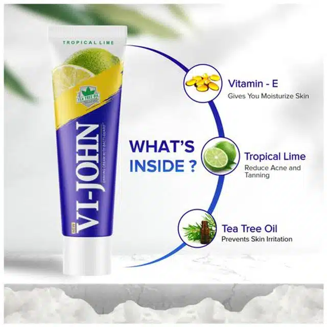 VI-JOHN Tropical Lime Shaving Cream for Men with Tea Tree oil and Bacti  guard 125 g