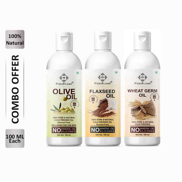 PuriFlame Pure Olive Oil (100 ml) & Flaxseed Oil (100 ml) & Wheat Germ Oil (100 ml) Combo For Rapid Hair Growth (Pack Of 3) (B-6173)