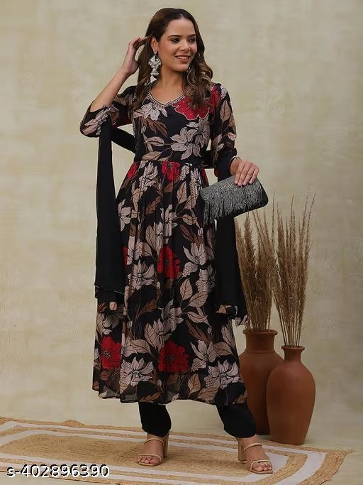 Viscose Rayon Printed Kurti with Palazzo & Dupatta for Women (Black, M)