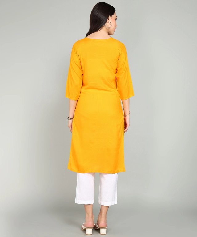 Rayon Embroidered Kurti for Women (Yellow, S)