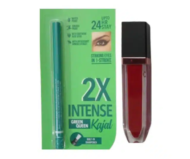 Matte Lip Gloss with Waterproof Kajal  (Red & Green, Set of 2)