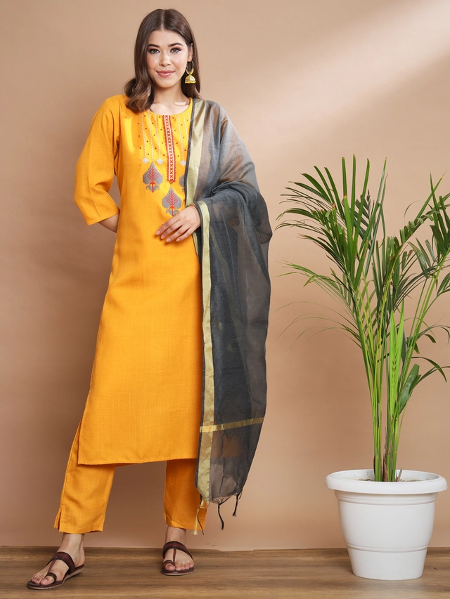 Cotton Blend Embroidered Kurta with Pant for Women (Multicolor, M)