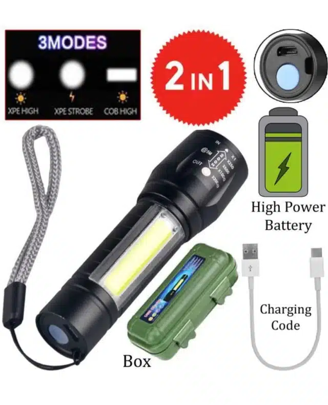 USB Rechargeable Torch with Mini Flashlight (Black, Se of 2)