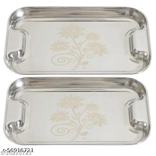 Stainless Steel Serving Tray (Silver, Pack of 2)