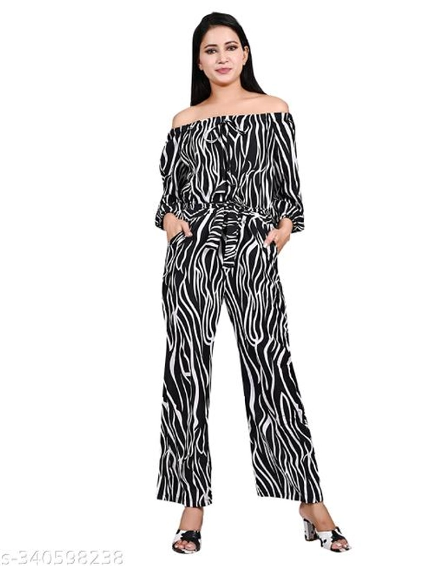 Crepe Printed Jumpsuit for Women & Girls (Black, S)