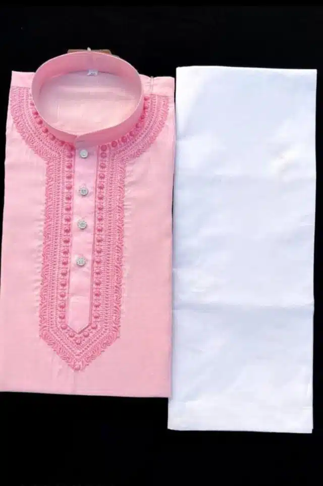 Cotton Blend Embroidered Kurta Set for Men (Pink & White, L)