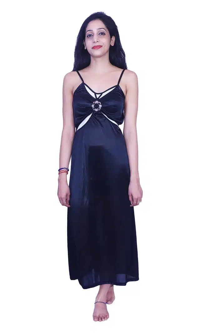 Satin Self Design Night Dress for Women (Black, Free Size)