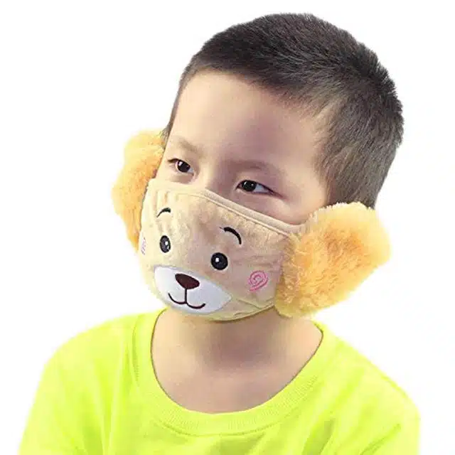 Soft Plush Face Mask with Earmuffs for Kids (Yellow, 5-13 Years)