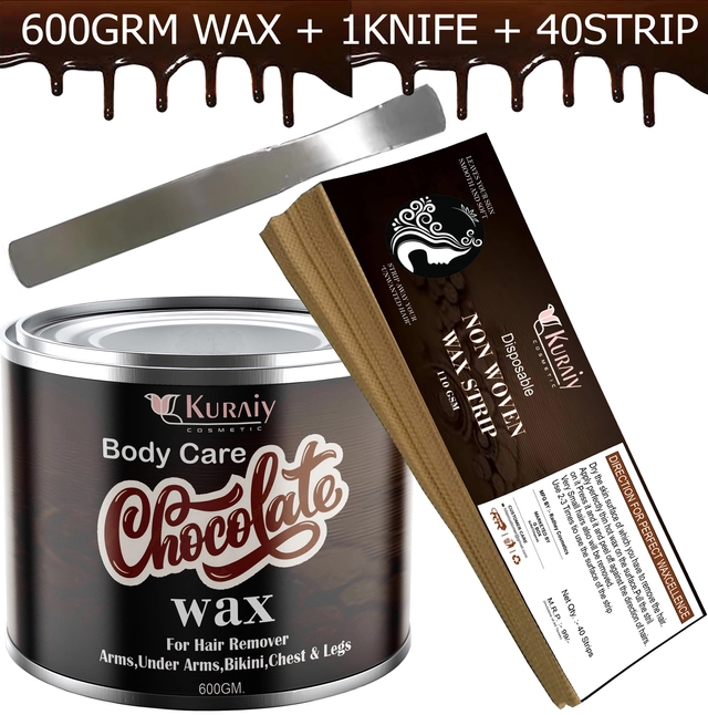 Kuraiy Cosmetic Body Care Chocolate Hair Remover Wax with 40 Pcs Strips & Knife (600 ml, Set of 3)