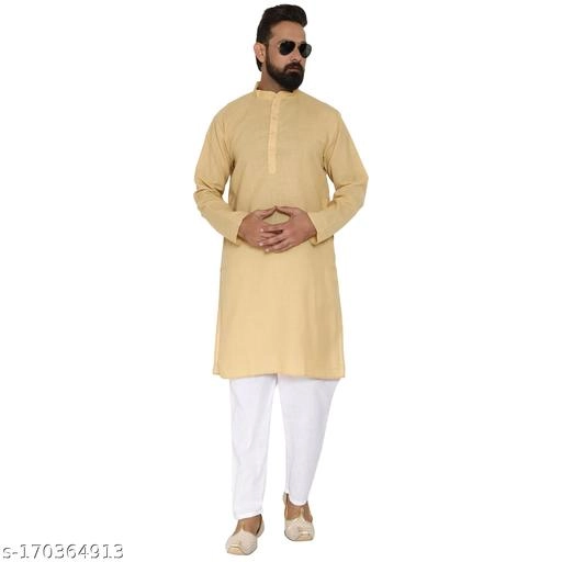 Cotton Blend Solid Kurta with Pyjama for Men (Peach & White, S)