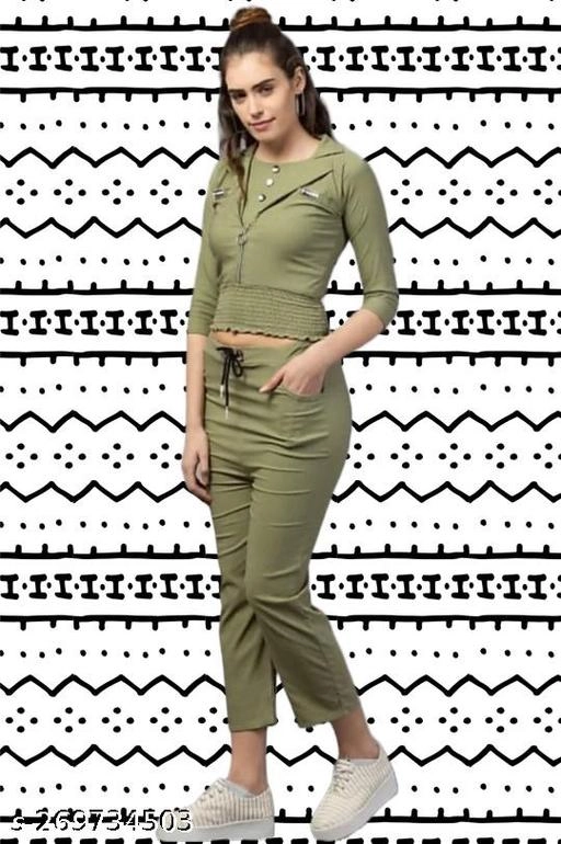 Cotton Blend Solid Top & Bottom Set for Women (Olive, L)