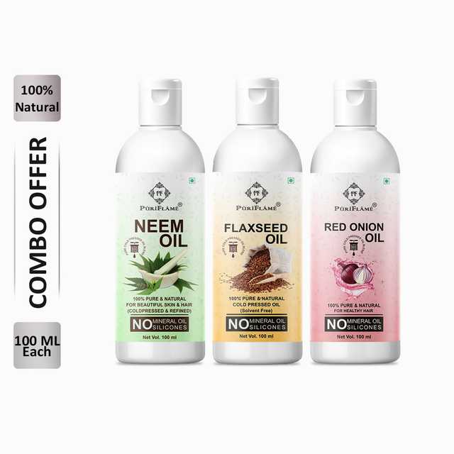PuriFlame Pure Neem Oil (100 ml) & Flaxseed Oil (100 ml) & Red Onion Oil (100 ml) Combo For Rapid Hair Growth (Pack Of 3) (B-5827)
