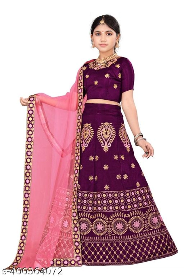 Satin Embroidered Lehenga with Choli & Dupatta for Girls (Puple & Pink, 2-3 Years)