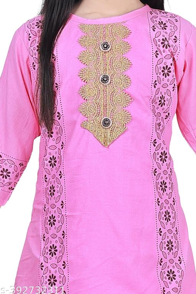 Rayon Printed Kurta with Pant for Girls (Pink, 4-5 Years)