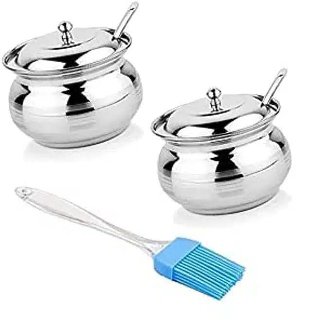 Stainless Steel Puja Ghee Container with Oil Brush (Silver, Set of 2)