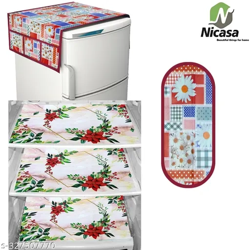 Nicasa Premium Fridge Top Cover with 1 Handle and 3 Matching Mats (Pack Of 5)