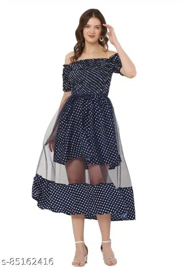 Poly Crepe Half Sleeves Dress for Women (Navy Blue, S)