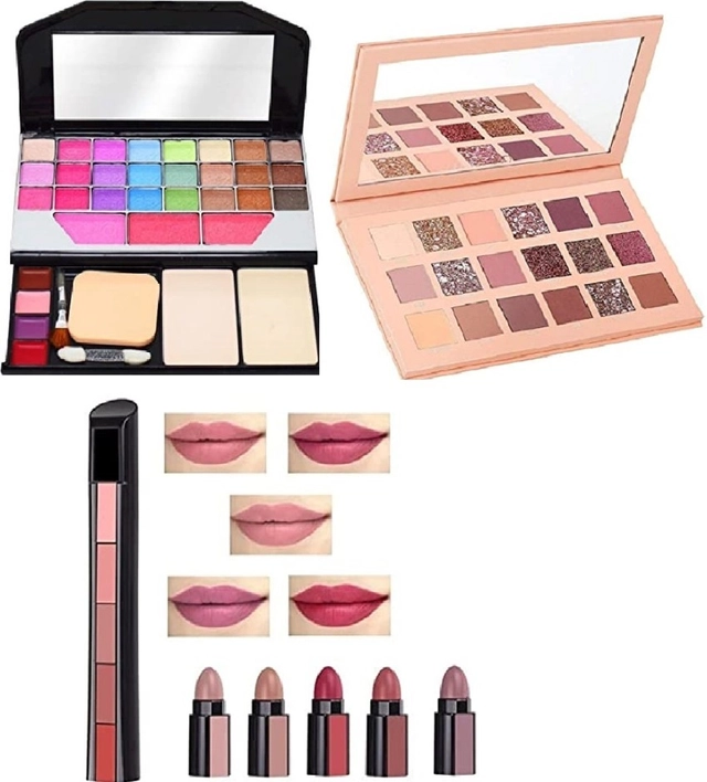 Combo of Makeup Kit with Eyeshadow Palette & 5-in-1 Mini Lipsticks (Multicolor, Set of 3)