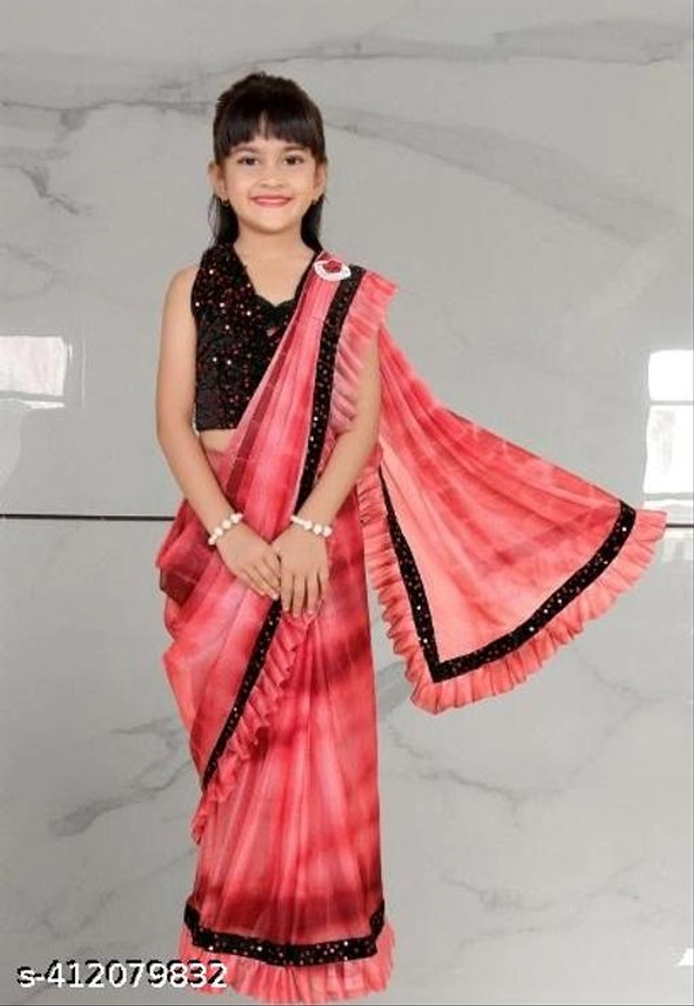 Nylon Solid Saree with Blouse for Girls (Red, 3-4 Years)