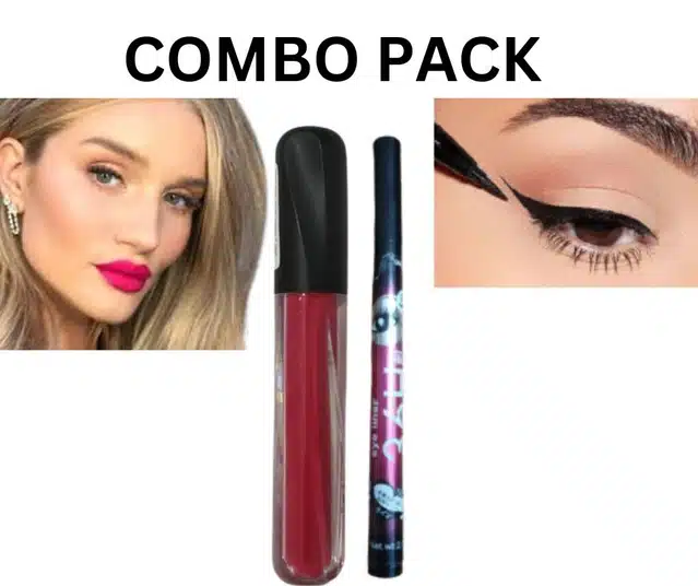 Matte Liquid Gloss with Long Lasting Waterproof Eyeliner (Pink & Black, Pack of 2)